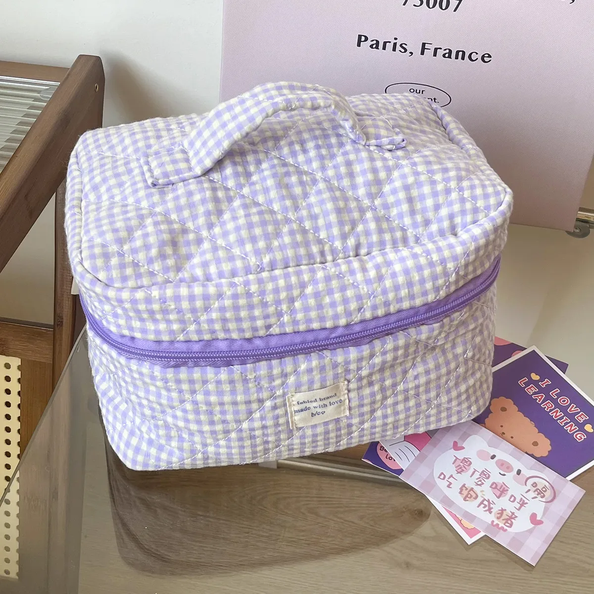 sac de toilette matelassé grande capacité yt berry color pour étudiants, sac de rangement à carreaux, trousse de maquillage style ins