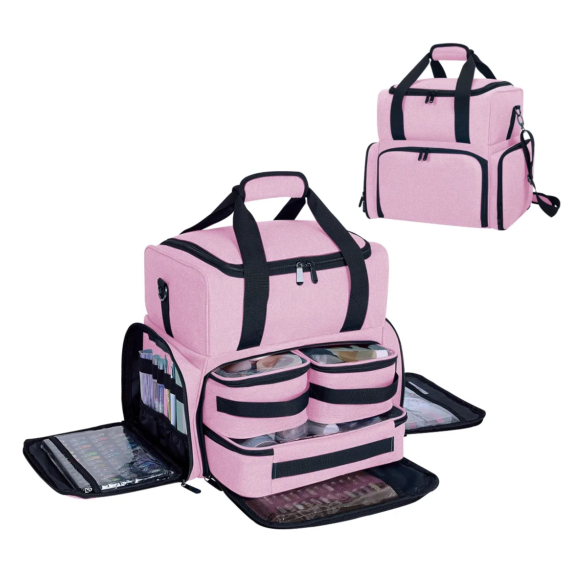 uozl trousse de maquillage double couche de grande capacité avec 3 pochettes amovibles et 2 compartiments amovibles avec bandoulière réglable