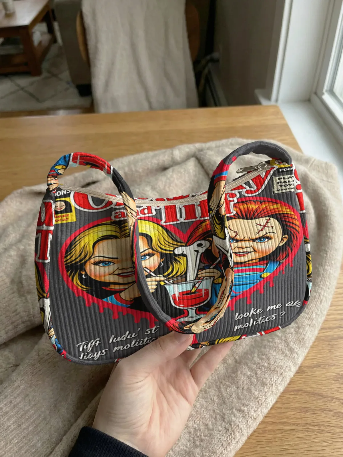 sac à bandoulière tendance imprimé chucky & tiffany, sac sous le bras en velours côtelé pour un usage quotidien décontracté