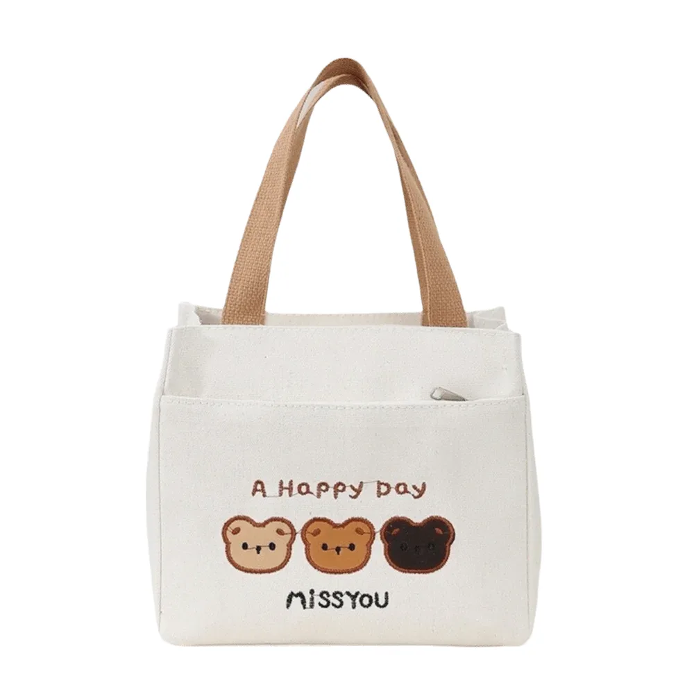 sac fourre-tout brodé avec 3 ours mignons, fermeture à glissière, grande capacité, sac à déjeuner en toile, sac à main léger réutilisable pour pique-nique