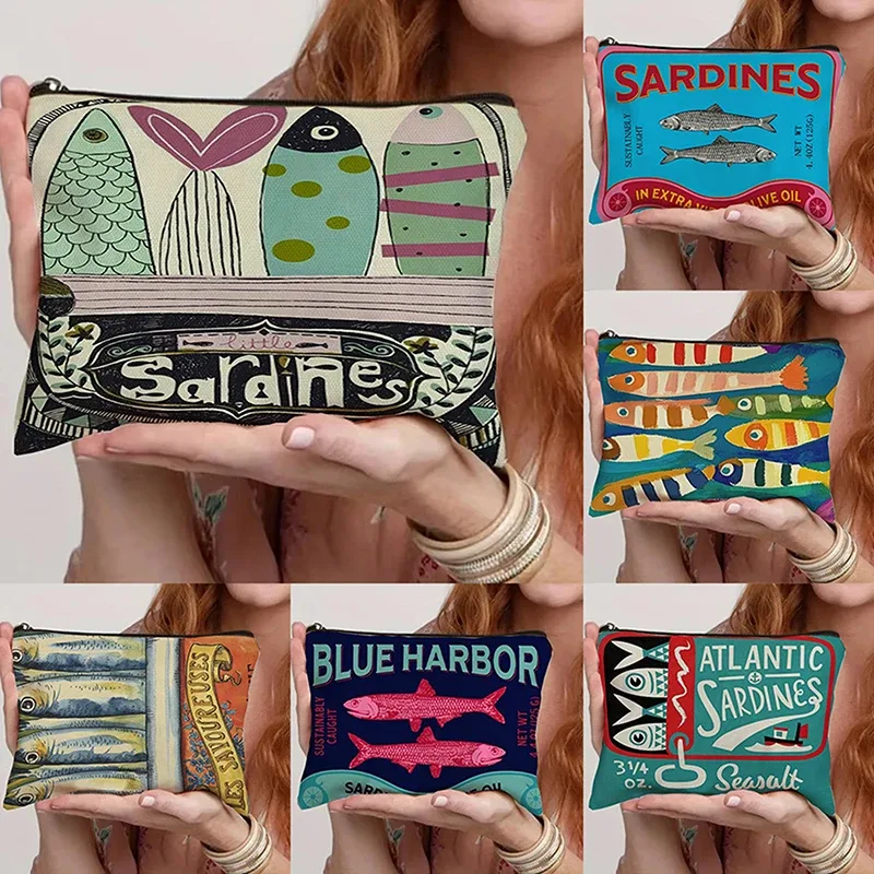 sac à cosmétiques en toile vintage, trousse de maquillage simple de grande capacité, pochette de voyage pour femmes, trousse de toilette rétro, design d'huile d'olive de sardines