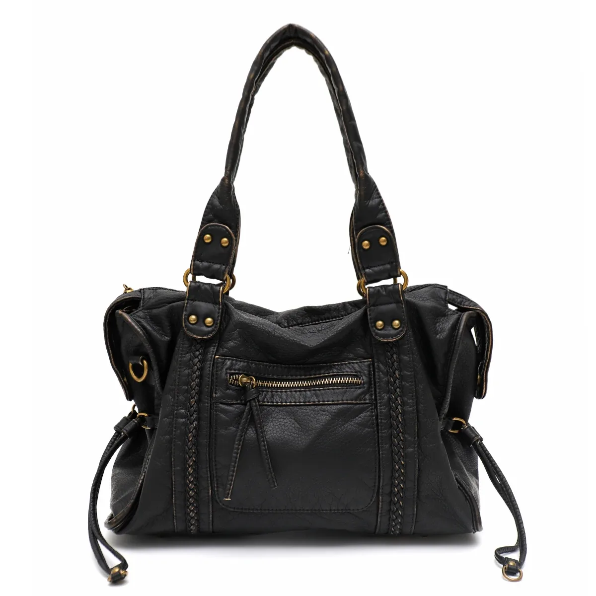vintage lavé en cuir pu grande capacité fourre-tout poches zippées tresse décor épaule sac à bandoulière unisexe femmes voyage quotidien sac à main