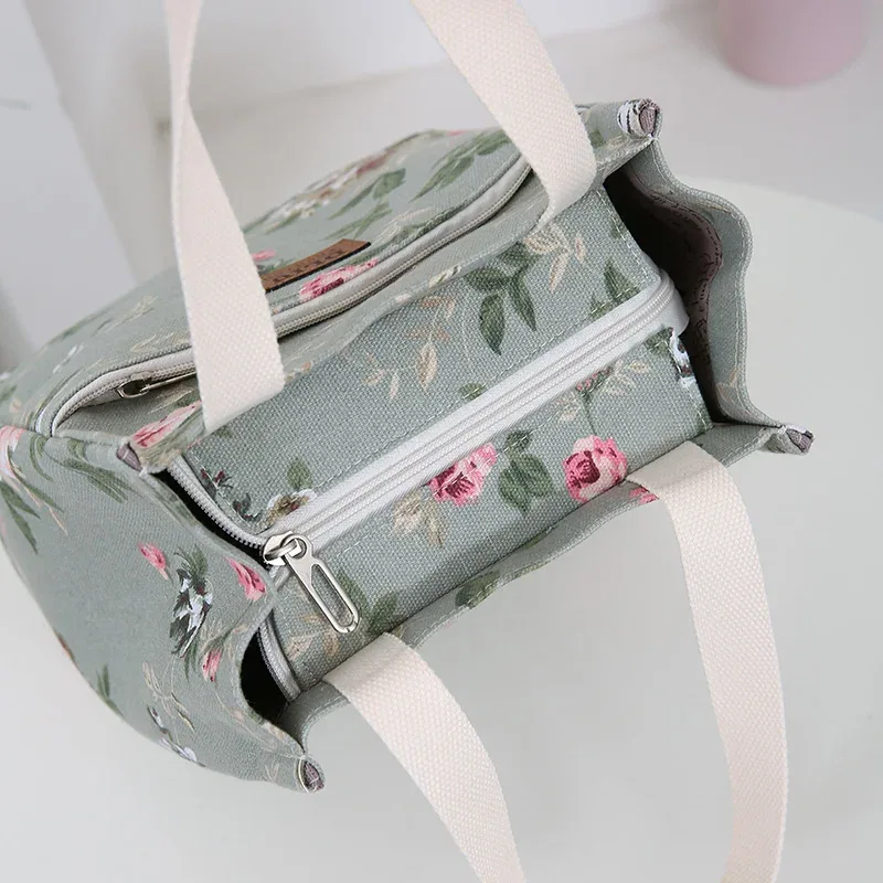 nouveau sac à main en toile imprimé de fleurs, sac de travail portable multi-poches avec fermeture éclair semi-fermée, sac de rangement quotidien, sac à bento.