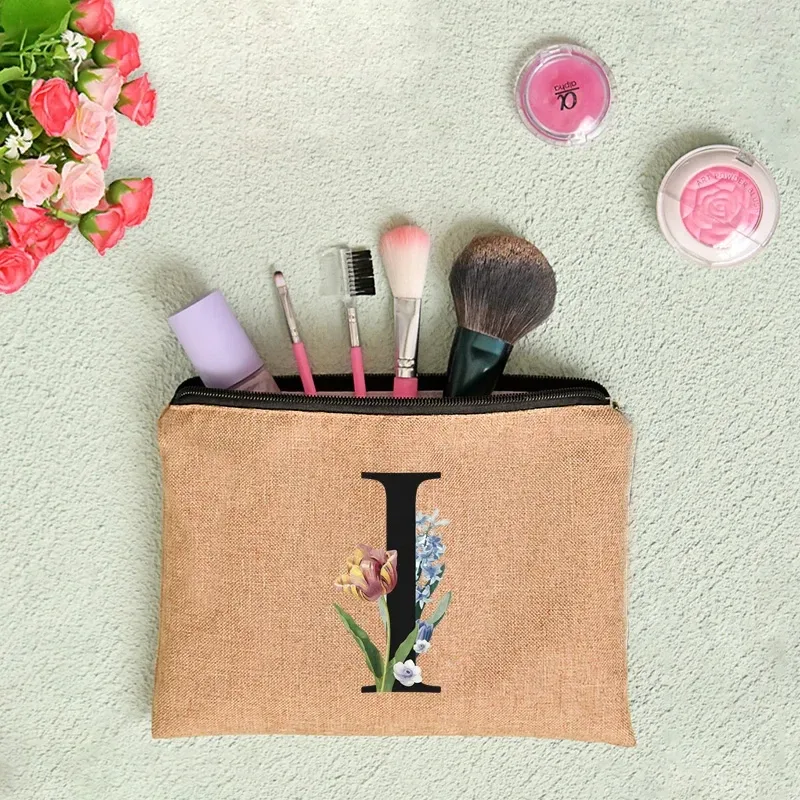 pochette en lin à fermeture éclair pour femmes, imprimé de lettres florales, étui de rangement de voyage, sac à cosmétiques, trousse de maquillage, sacs de maquillage de demoiselle d'honneur