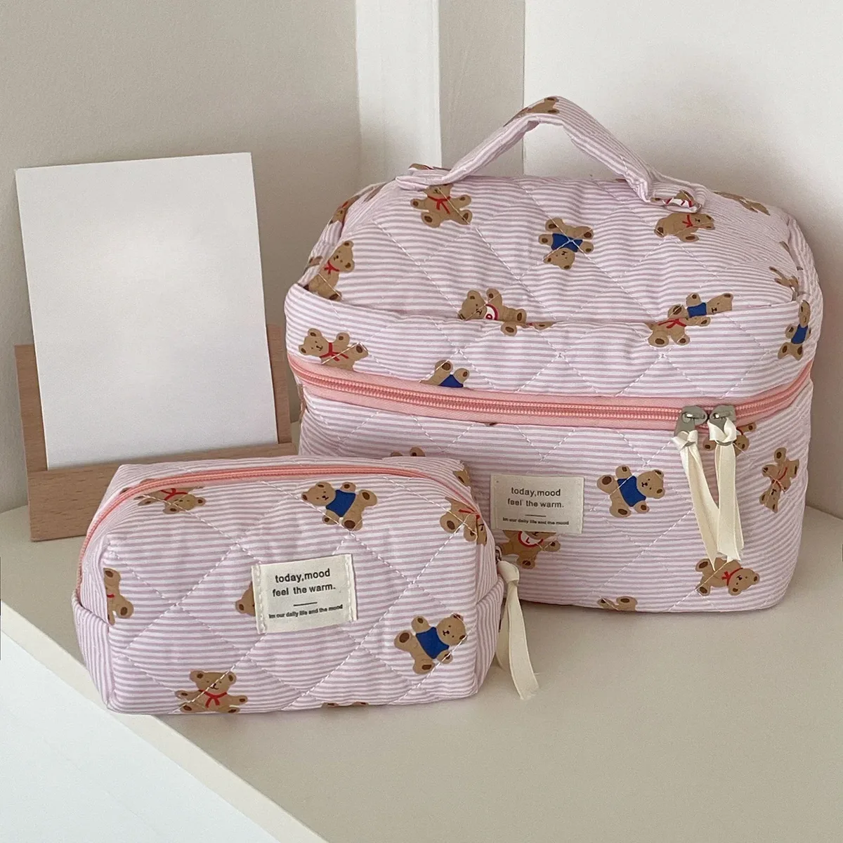 sac à cosmétiques motif ours rose beige pour femmes, joli organisateur de voyage de maquillage à fermeture éclair, sac à main féminin, pochette de toilette pour filles
