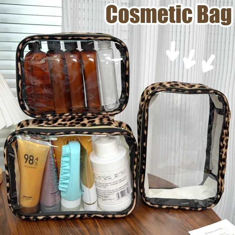 sac de maquillage transparent imprimé léopard, grande capacité, organisateur de cosmétiques de voyage, sac à cosmétiques étanche à fermeture éclair