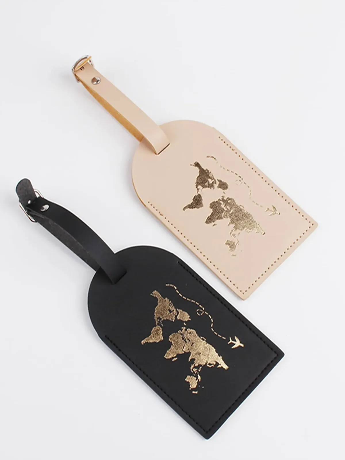 Étiquette Bagage PU Leather Ovale Noir Motif Doré Carte Monde Rose Clair Voyage Identification Bagage