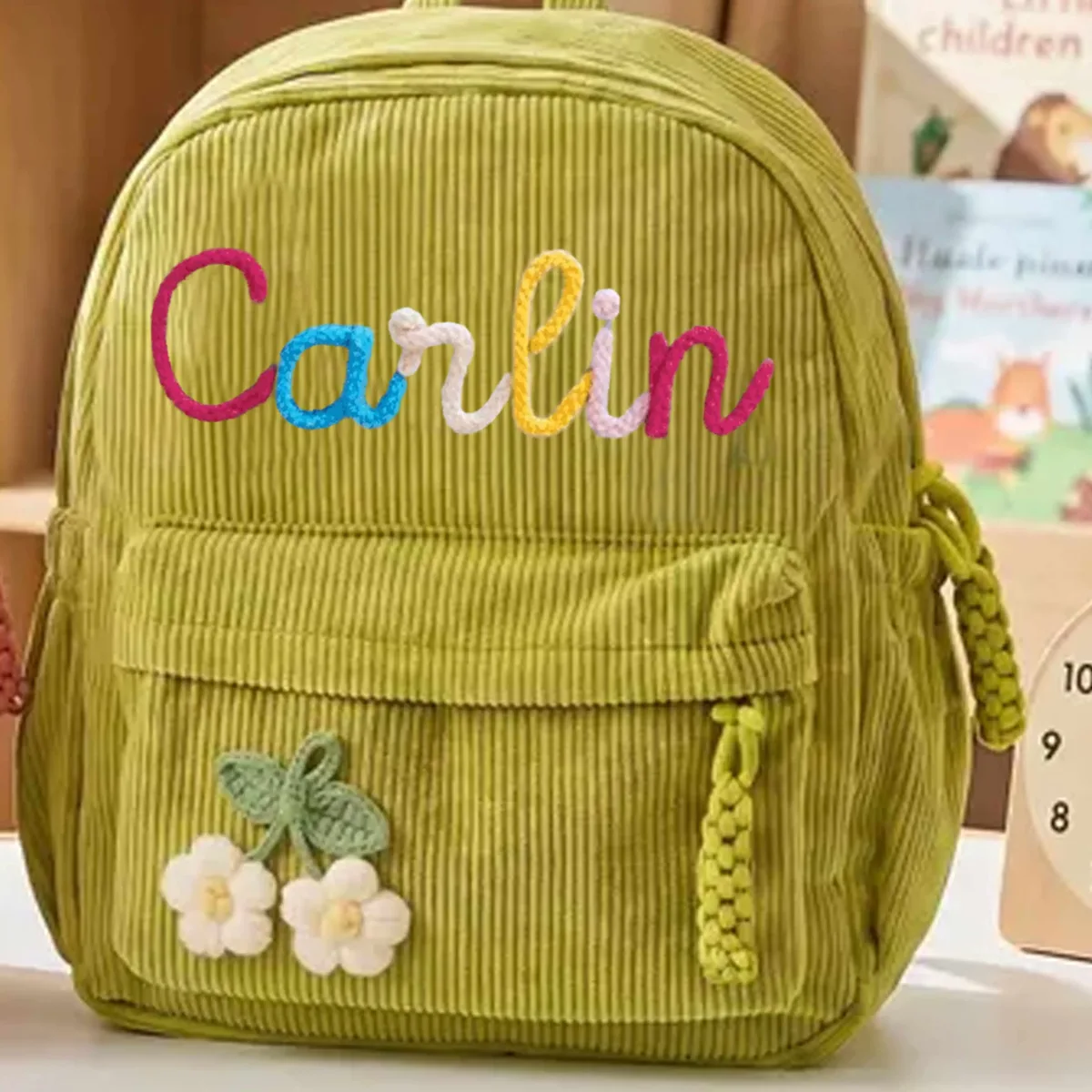 sac à dos en velours côtelé personnalisé 1 pièce, lettres brodées à la main, décorations florales/animales, cadeau idéal.