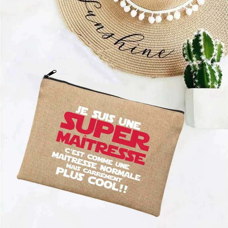 cadeau maitresse école cadeau maitresse trousse de maquillage sacs de maquillage en lin merci professeur impression française simple bracelet pochette plage papeterie stockage voyage organisateur étui cadeaux