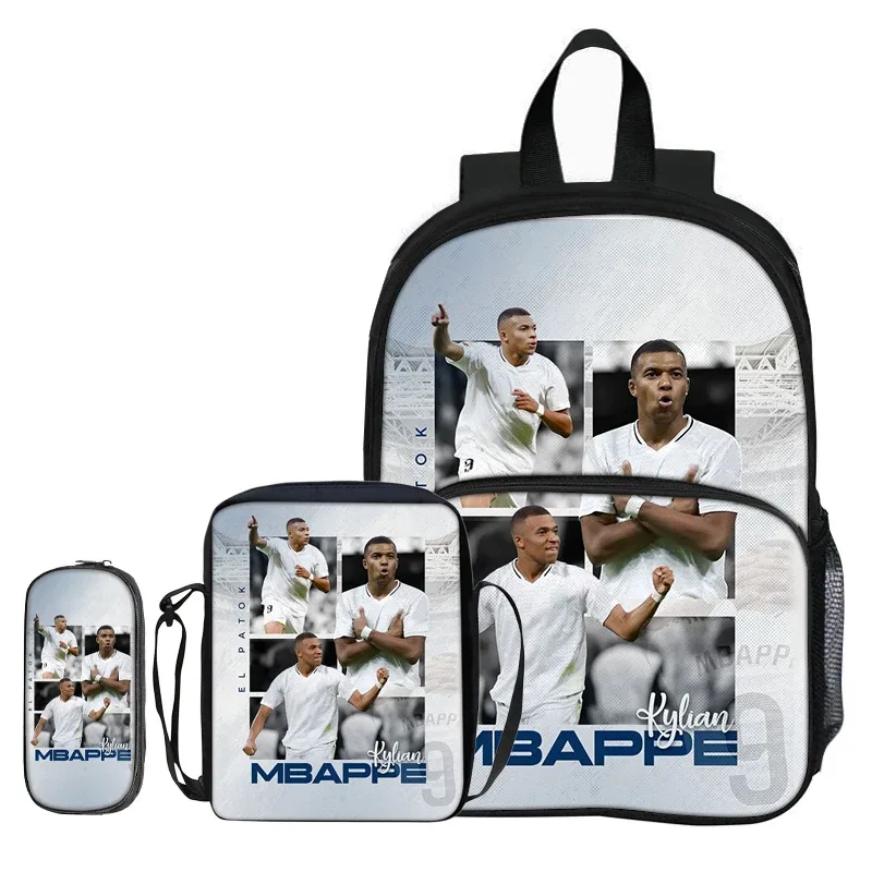 sac à dos pour enfants, sacs à bandoulière, trousse à crayons m-mbappe, ensemble de 3 pièces avec poche avant, sac à dos de star du football