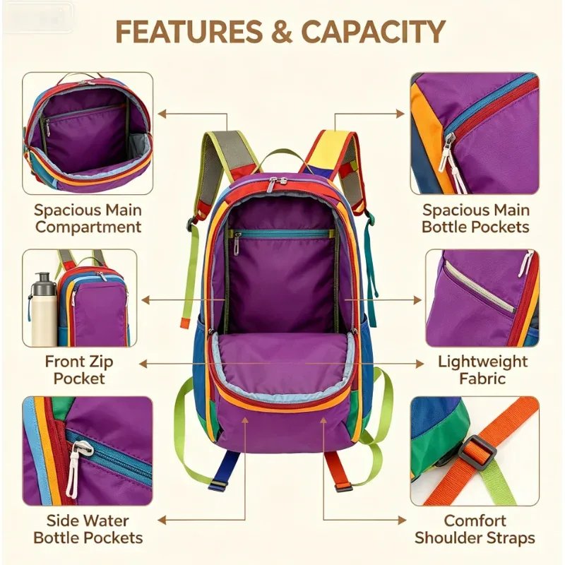 sac à dos léger pour femmes, grande capacité, couleur dopamine, sac de jour portable pour la randonnée et l'alpinisme, idéal pour les voyages quotidiens.