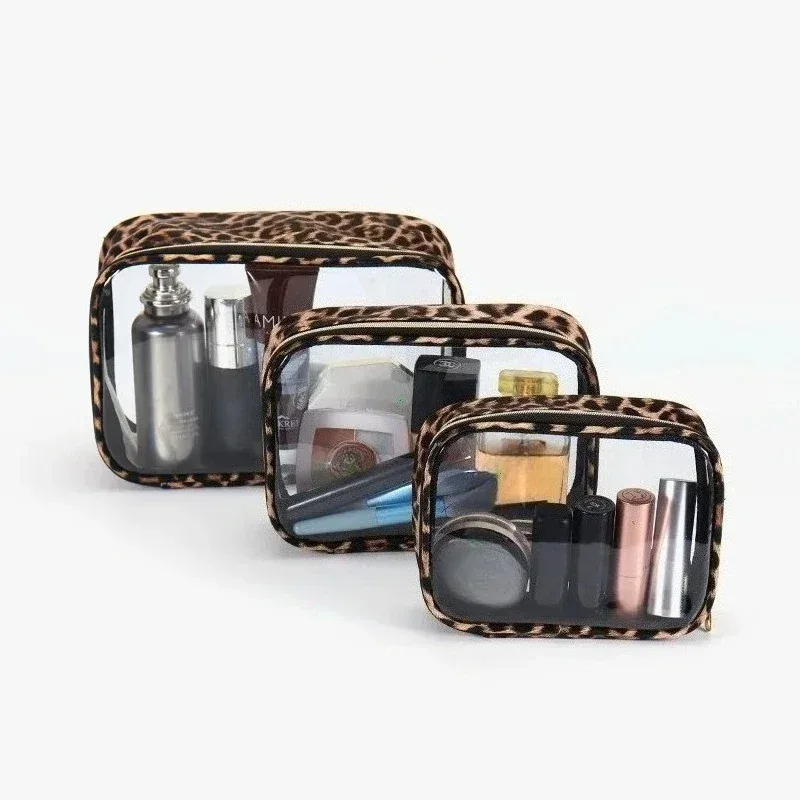 sac de maquillage transparent portable imprimé léopard, sac à cosmétiques de lavage étanche, grande capacité, rangement d'articles de toilette, organisateur de cosmétiques