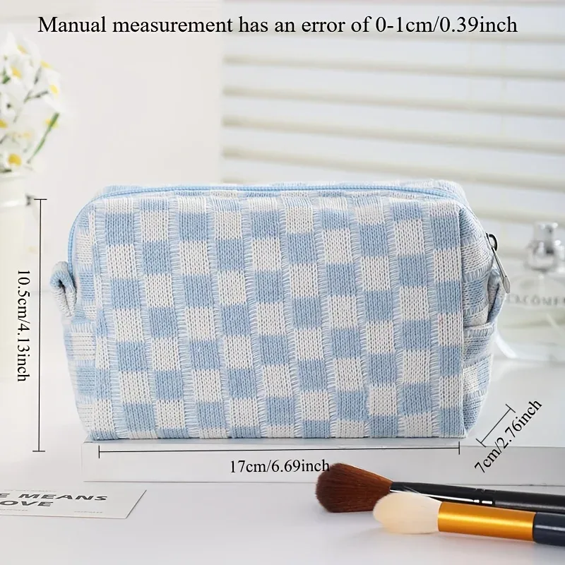 pochette cosmétiques polyester carreaux bleu blanc grande ouverture voyage organisation fournitures scolaires maquillage femmes