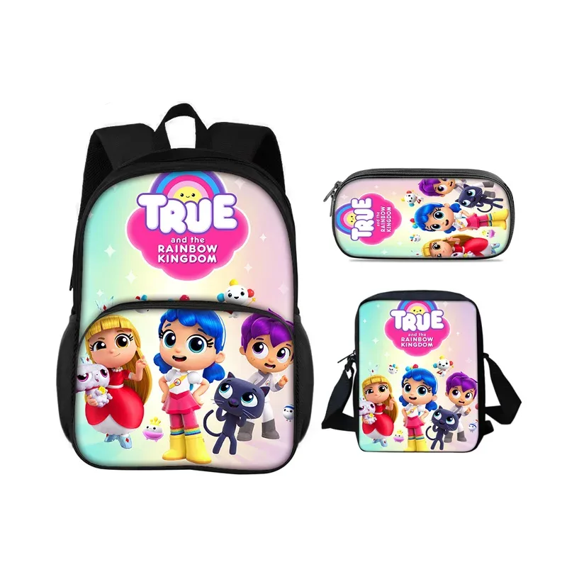 sac à dos true and the rainbow kingdom avec patch rond, trousse à crayons, sac à bandoulière, ensemble de 3 pièces, imprimé dessin animé, sac à dos pour élèves de maternelle