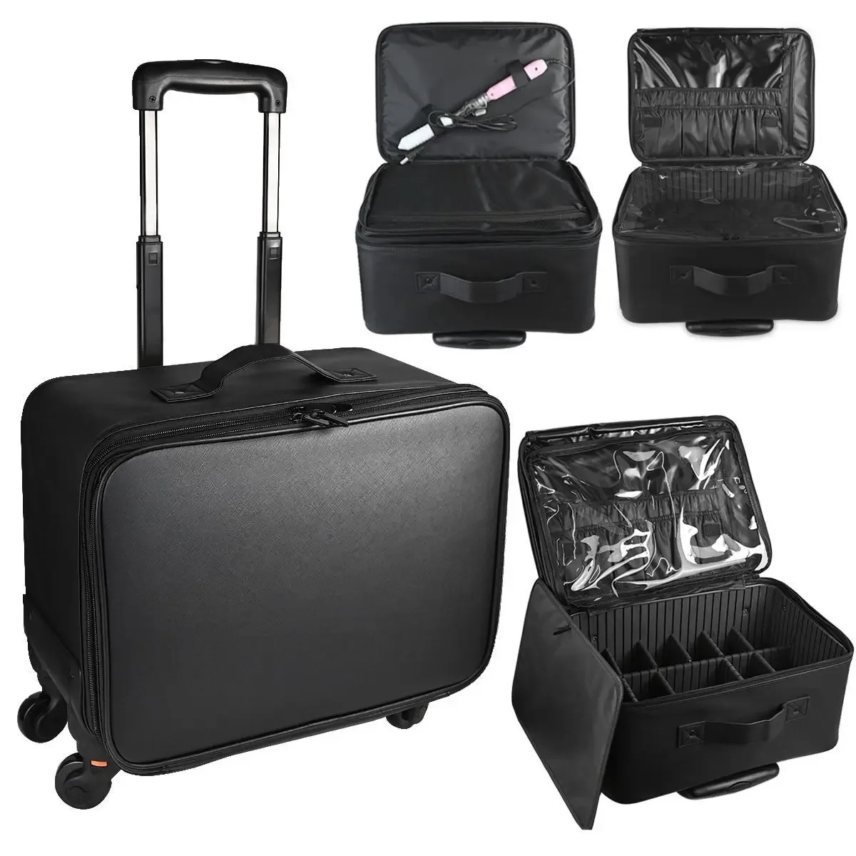 grand étui de maquillage roulant, chariot cosmétique professionnel sur roulettes, organisateur de voyage brodé multicouche pour la beauté
