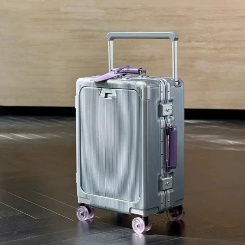 valise à roulettes de poche à ouverture avant, cadre en aluminium, valise à roulettes à poignée large avec roues silencieuses colorées et prise de chargement usb