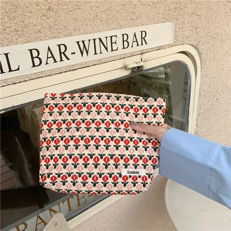sacs de maquillage en velours côtelé pour femmes, sac à cosmétiques imprimé floral, trousse à crayons, trousse de toilette de voyage, sac de rangement, organisateur, trousse de beauté