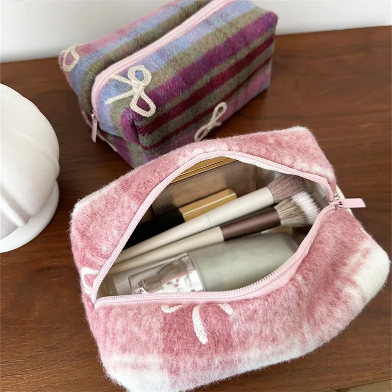 sac de maquillage à carreaux doux pour la saint-valentin, nouvel an, organisateur d'arc en tweed, trousse de toilette de grande capacité, pochette de transport à main portable