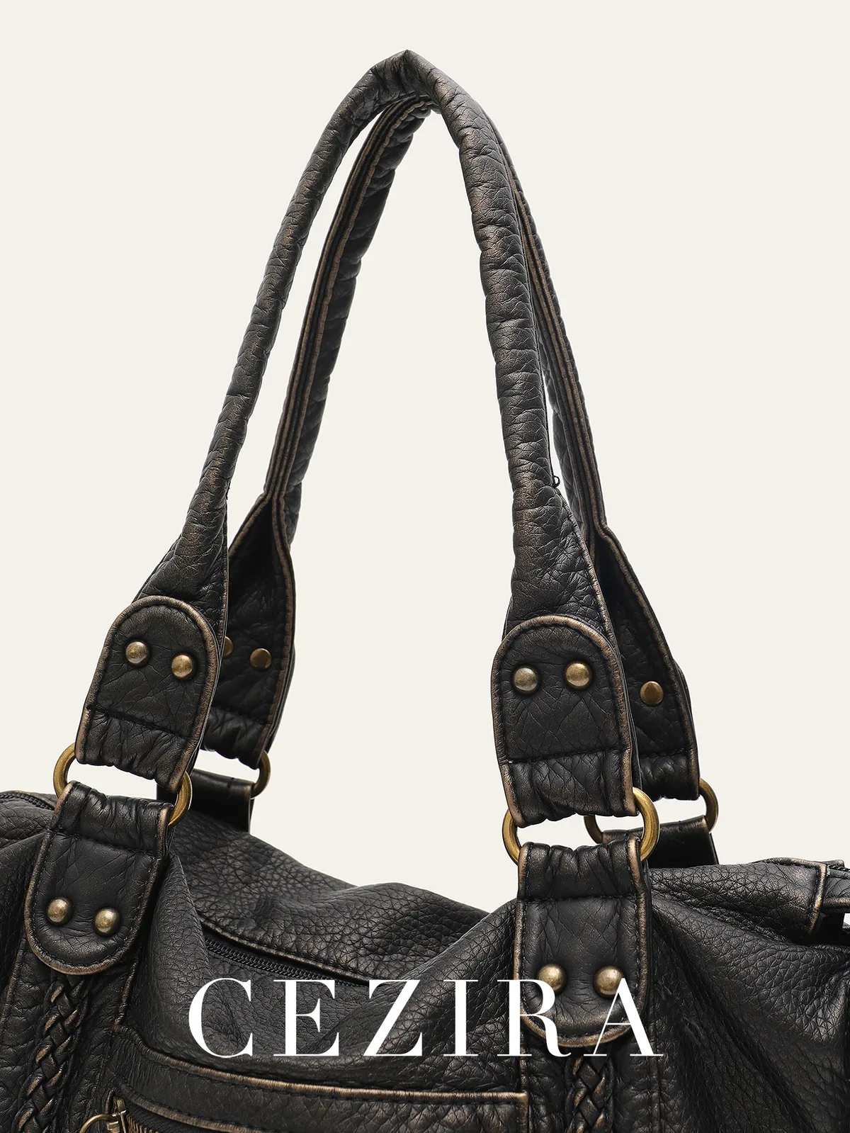vintage lavé en cuir pu grande capacité fourre-tout poches zippées tresse décor épaule sac à bandoulière unisexe femmes voyage quotidien sac à main