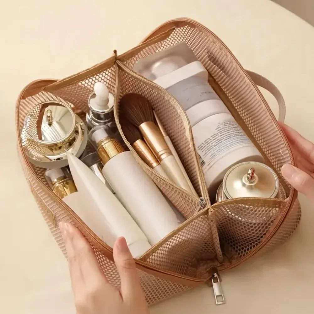sac à cosmétiques en maille pour femmes et filles, sac de maquillage léger et portable avec poignée, sac de rangement ajouré pour le voyage