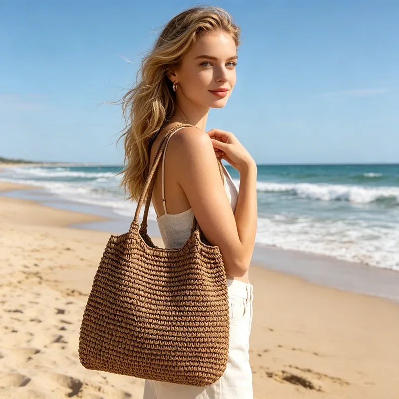 sac à bandoulière pour femme, sac fourre-tout en paille grande capacité tendance, sac à main décontracté uni facile à transporter pour les vacances, les voyages en plein air et le camping