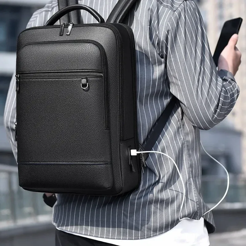 sac à dos exécutif hommes sacoche en cuir pu usb charge porte-documents bureau voyage ordinateur portable bureau affaires épaule sac à dos mâle