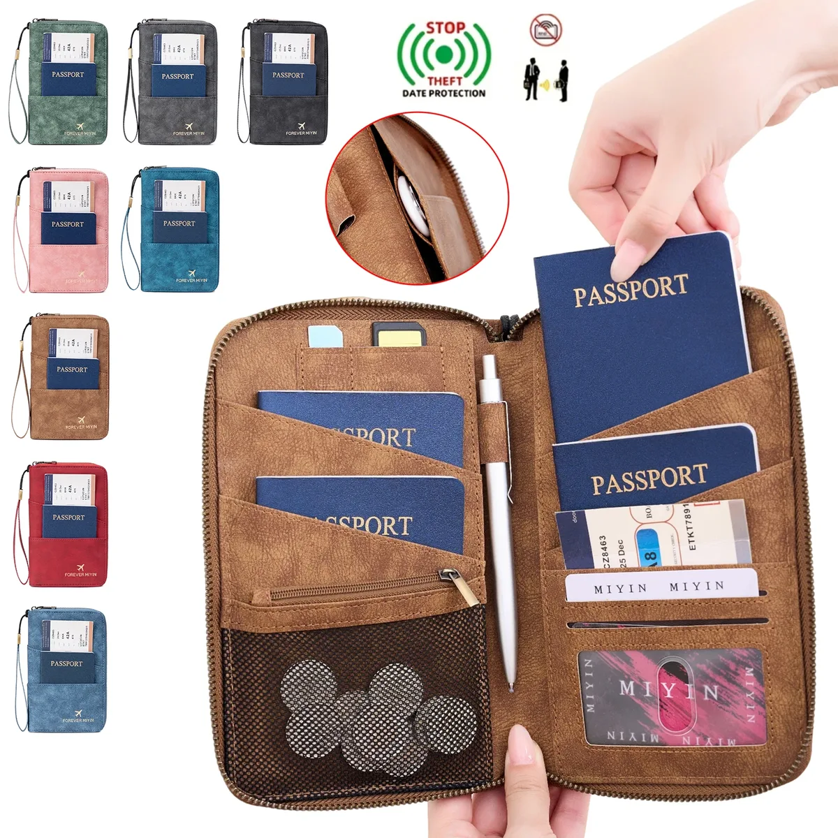 Porte-passeport familial de voyage, portefeuille de rangement à fermeture éclair pour documents de grande capacité, sac à main en PU, accessoire de voyage unisexe