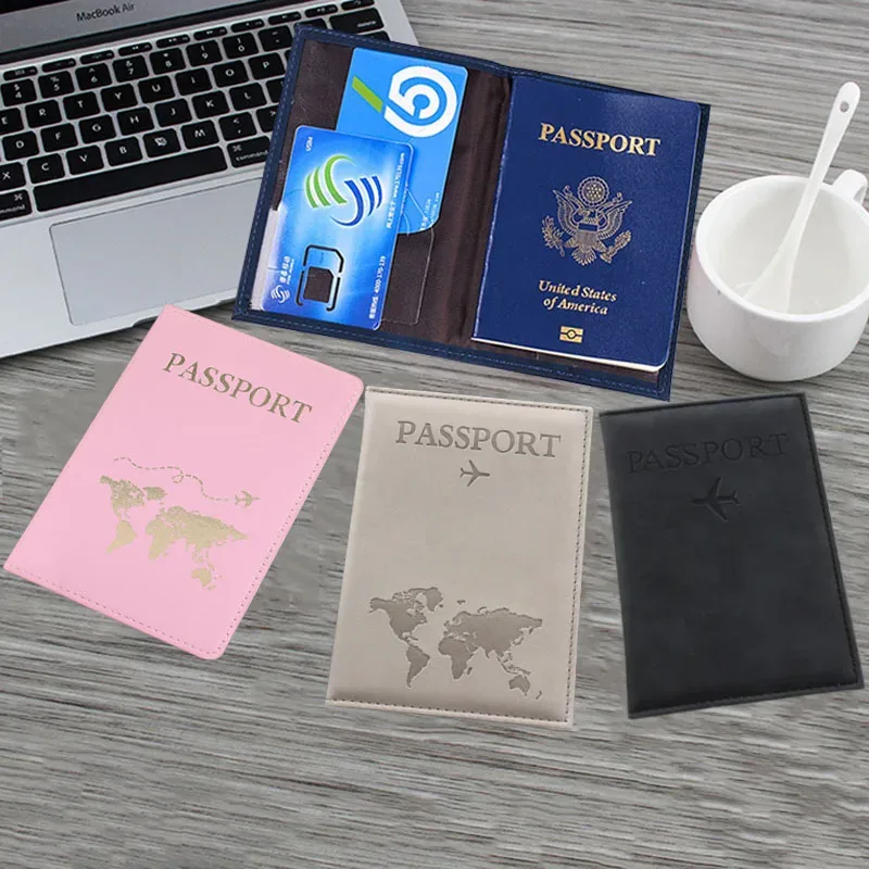 couverture de passeport en cuir pu pour hommes et femmes, étui de passeport de voyage avec carte du monde, organisateur-porte-carte de protection, couvertures de documents d'identité