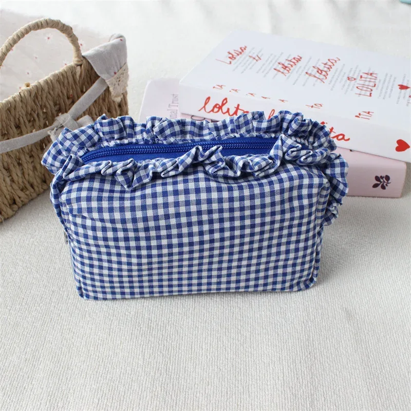pochette de maquillage à franges en tissu gingham, style coréen, grande capacité, portable, trousse de toilette de voyage pour filles et femmes