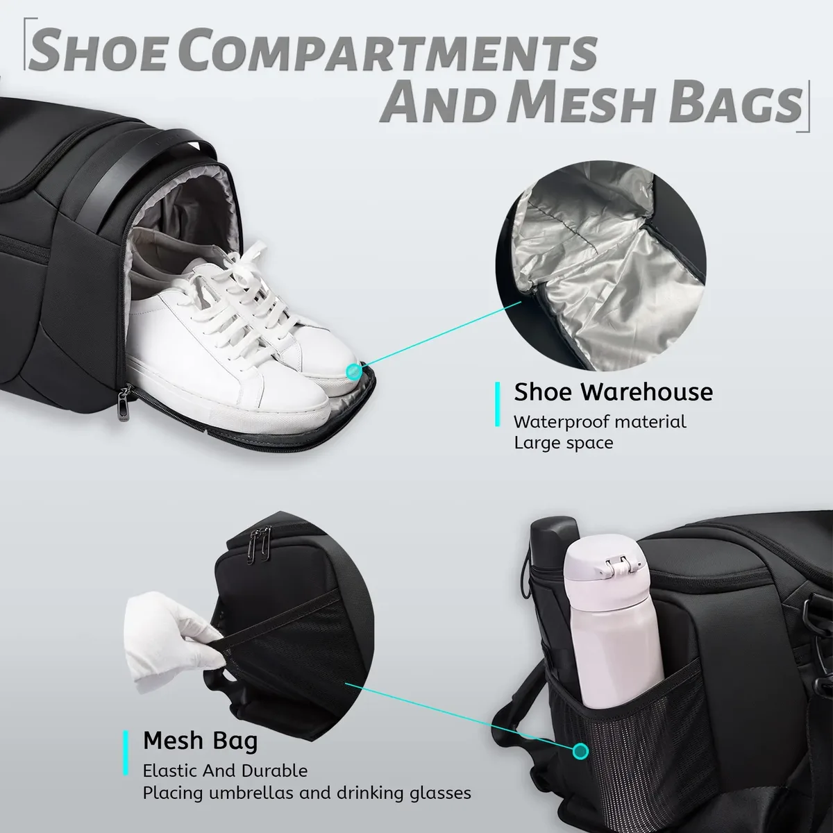 sac voyage sac voyage polyvalent polyester imperméable noir compartiment chaussures séparation sec humide format sacoche