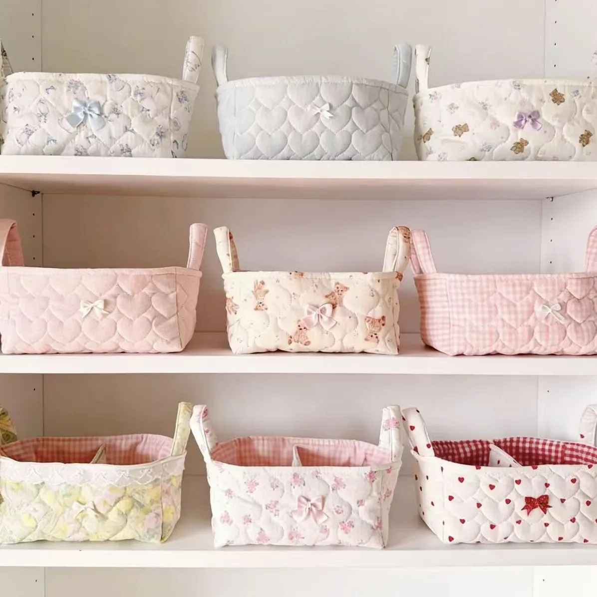 Nouveau panier de rangement superposé en coton tressé, style Ins, pour décoration de bureau et organisateur de cosmétiques, motif 'Cœur de fille'