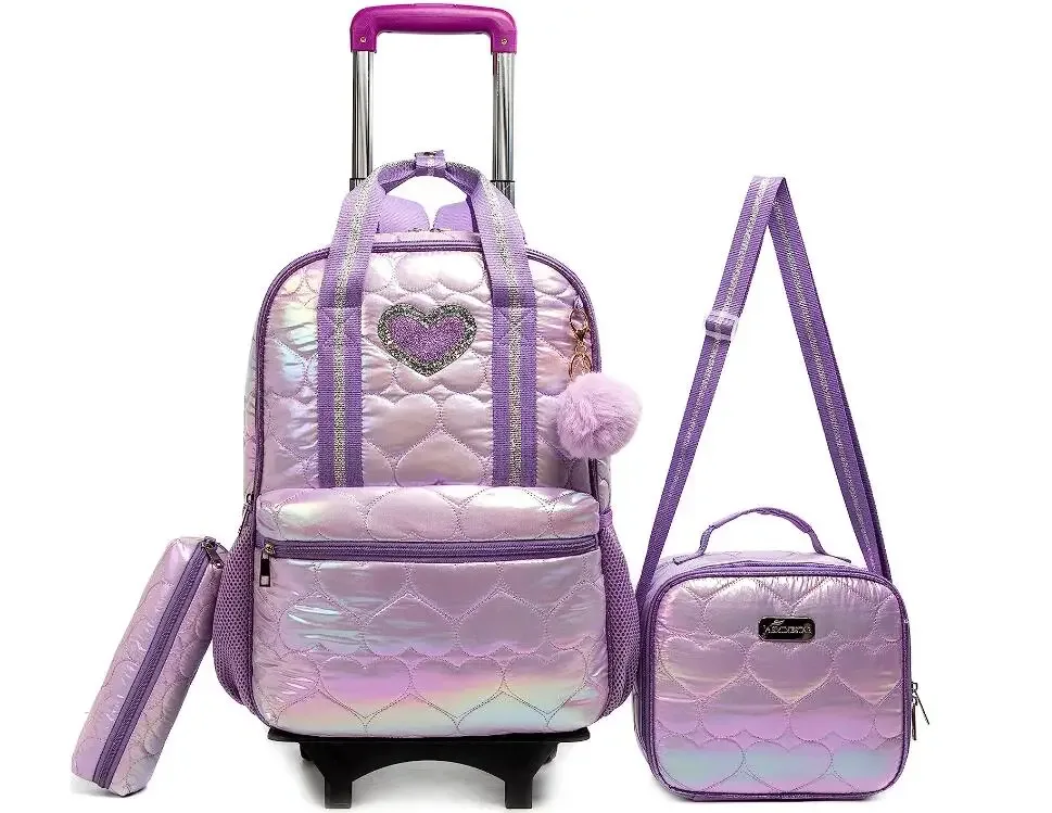 Sac à dos roulant pour filles, ensemble de sacs à roulettes pour l'école primaire, sac à déjeuner, sacs à livres d'école pour enfants, bagages à main, sac à dos à roulettes