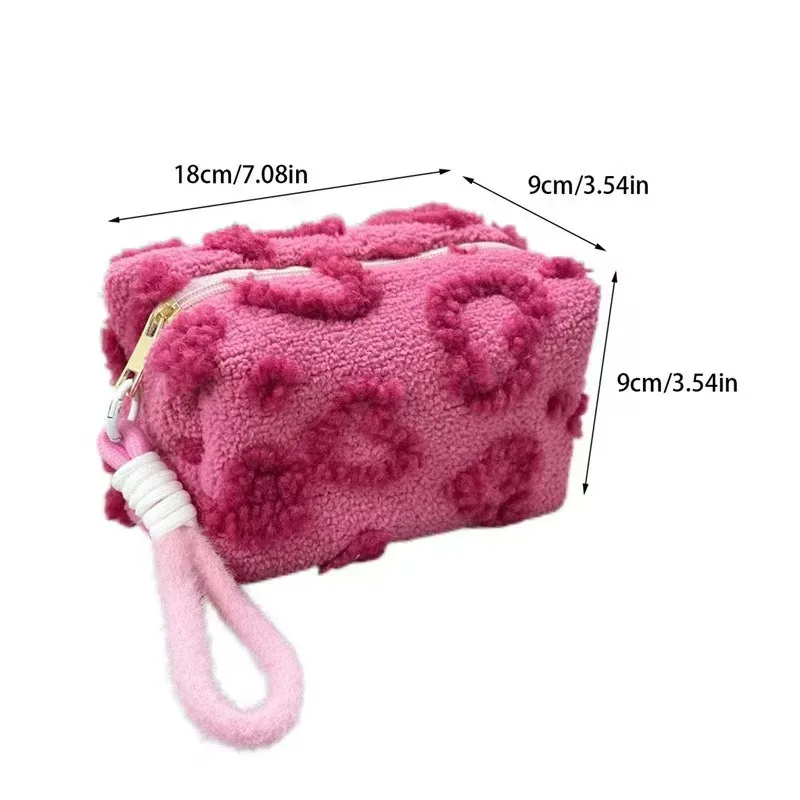 sacs de maquillage en peluche avec poignée, sac de rangement de cosmétiques de voyage souple, organisateur portable imprimé d'amour, trousse à crayons, pochette mignonne