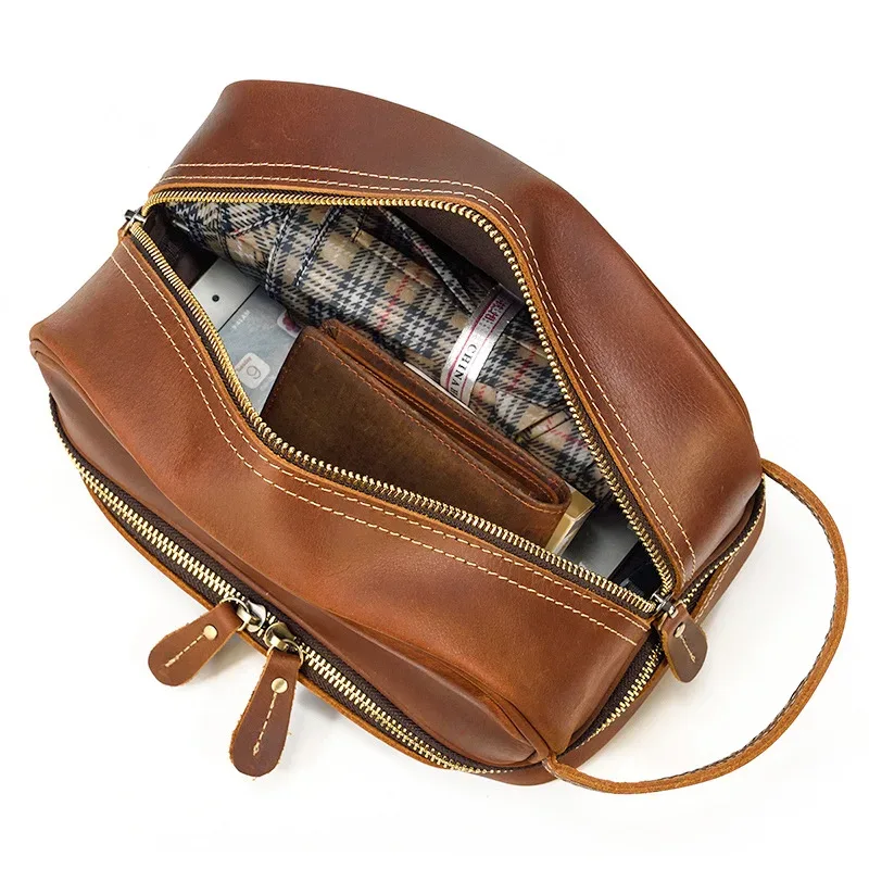 petit sac de voyage de bonne qualité, portefeuille de voyage en cuir crazy horse, sac de rangement, sac de maquillage de lavage pour trousse de toilette de voyage