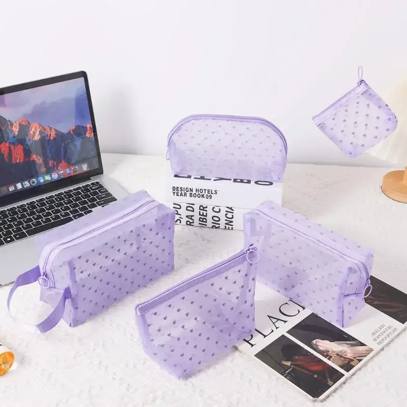 sac de maquillage en maille transparente j]heart, pochette de rangement multifonction portable pour femmes, trousse de toilette pour dames, organisateur de rouge à lèvres