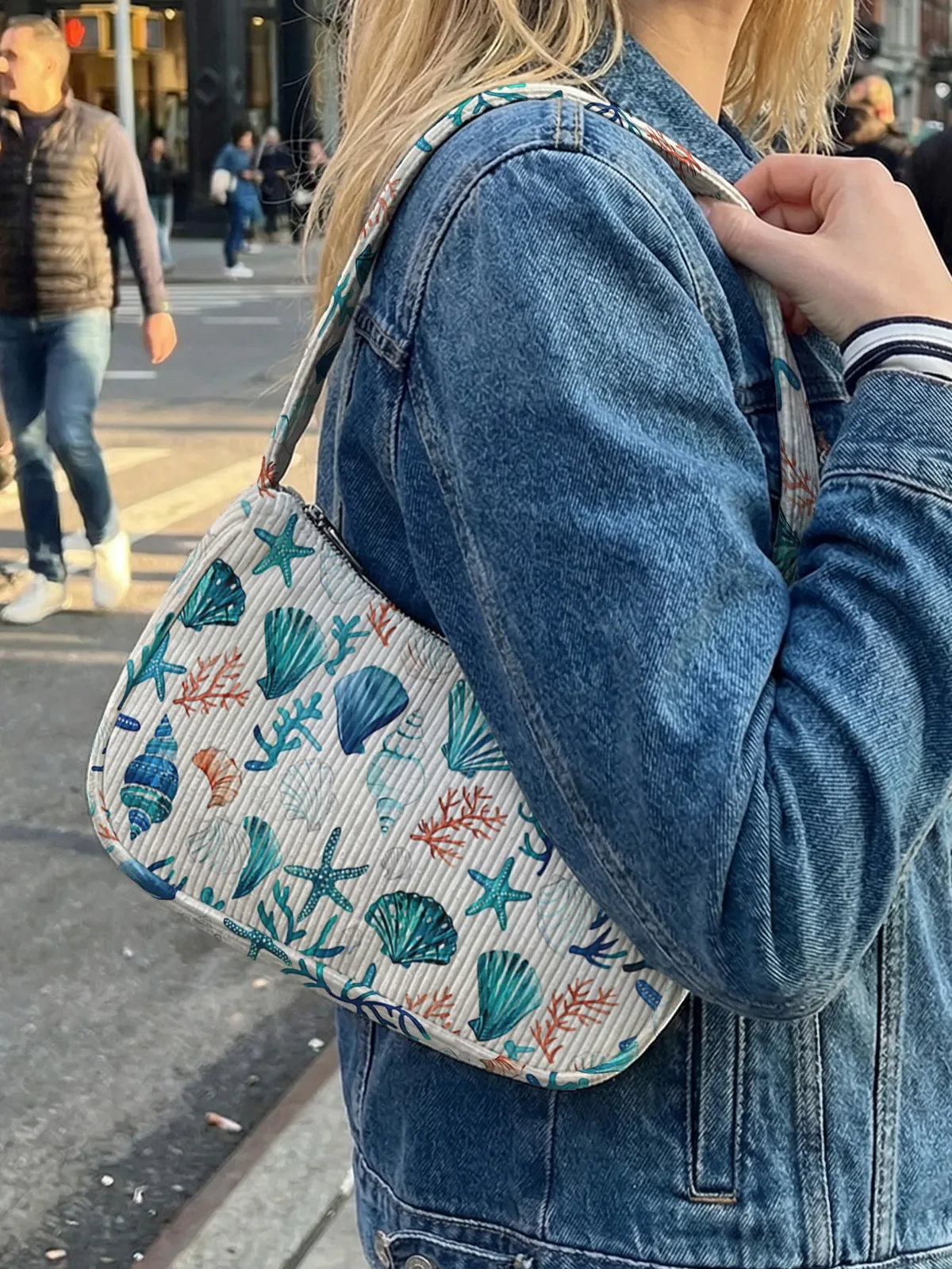 sac à bandoulière tendance à imprimé océan, sac sous le bras en velours côtelé pour un usage quotidien décontracté