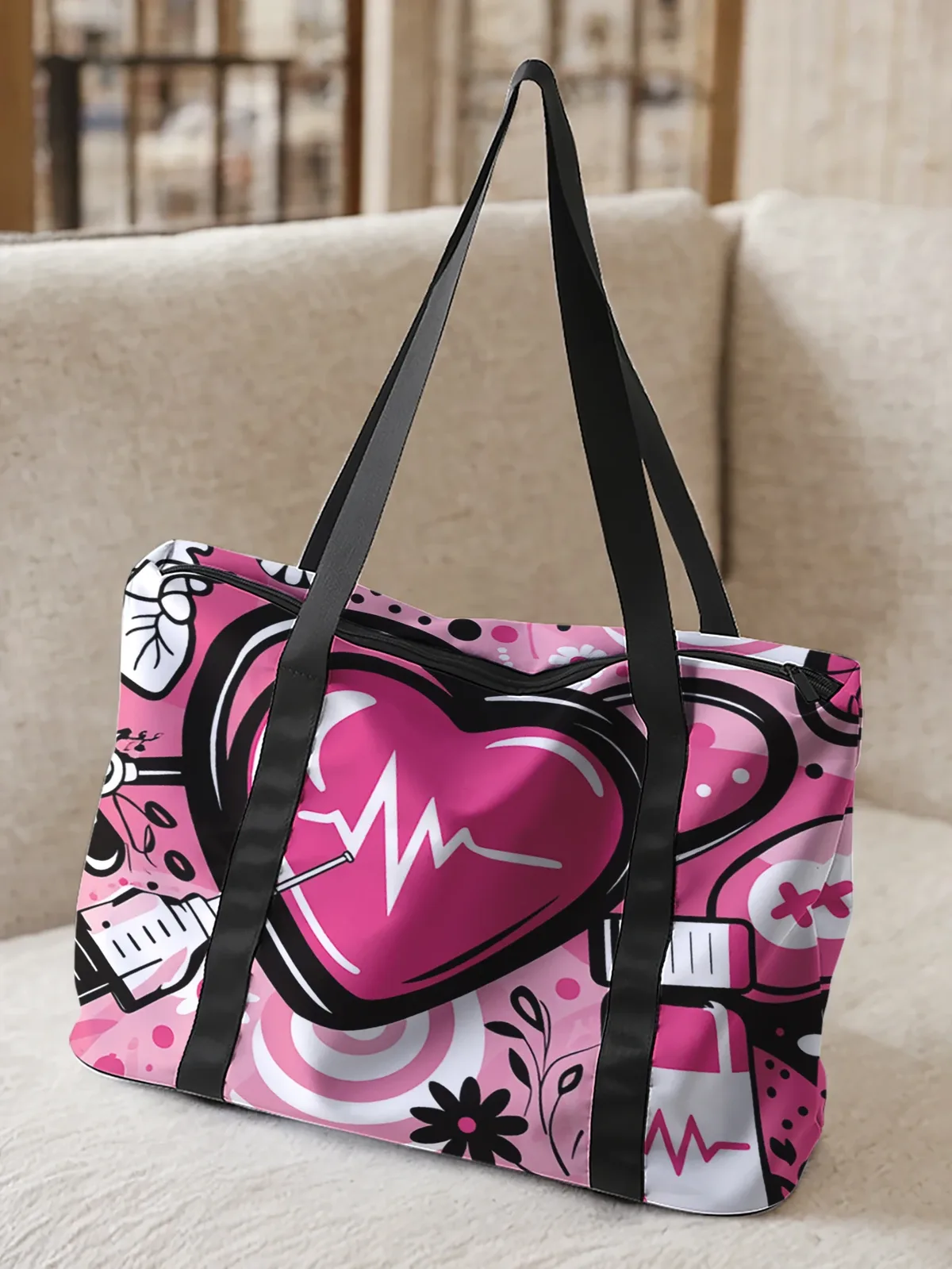 grand sac fourre-tout à imprimé cœur médical, sac à main à bandoulière, sac de rangement à larges sangles pour les voyages, la plage, le shopping, la salle de sport et les trajets quotidiens