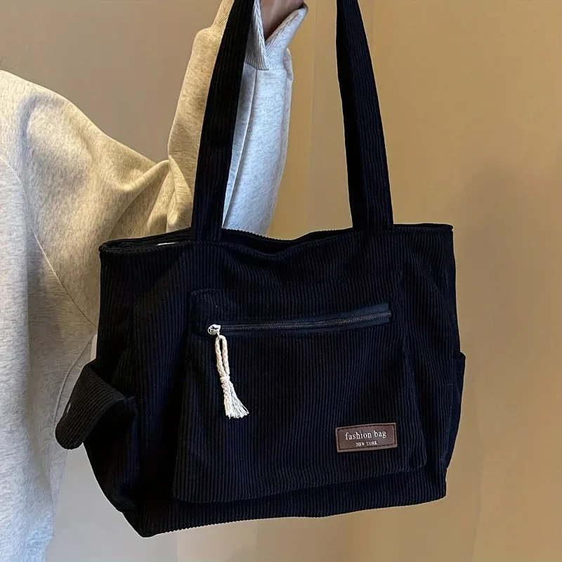 sac fourre-tout simple en velours côtelé, sac à bandoulière de couleur unie, sac à main rétro multi-poches pour le travail scolaire et le shopping