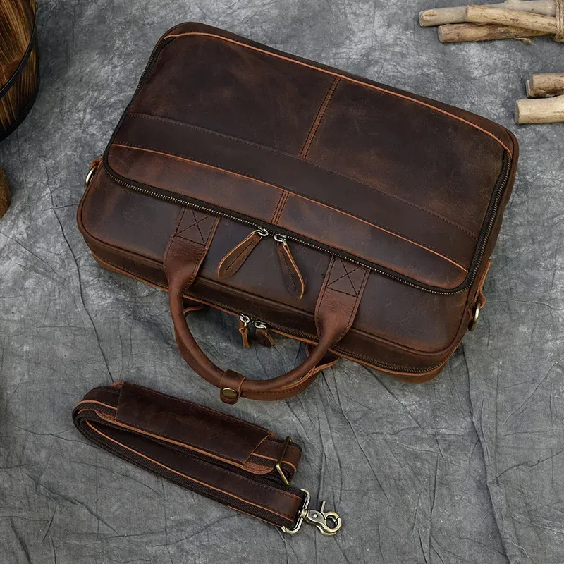 sac à main pour ordinateur portable de style rétro, en cuir véritable, sac décontracté de 15,6 pouces, sac d'affaires pour le travail quotidien, sac fourre-tout pour hommes, sac pour documents.