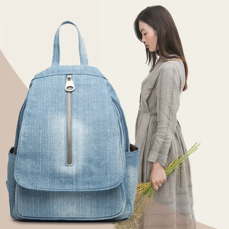 sac à dos en toile denim bleu pour femmes, grande capacité, sac d'école de haute qualité, sac à bandoulière de voyage décontracté en jean, mochila