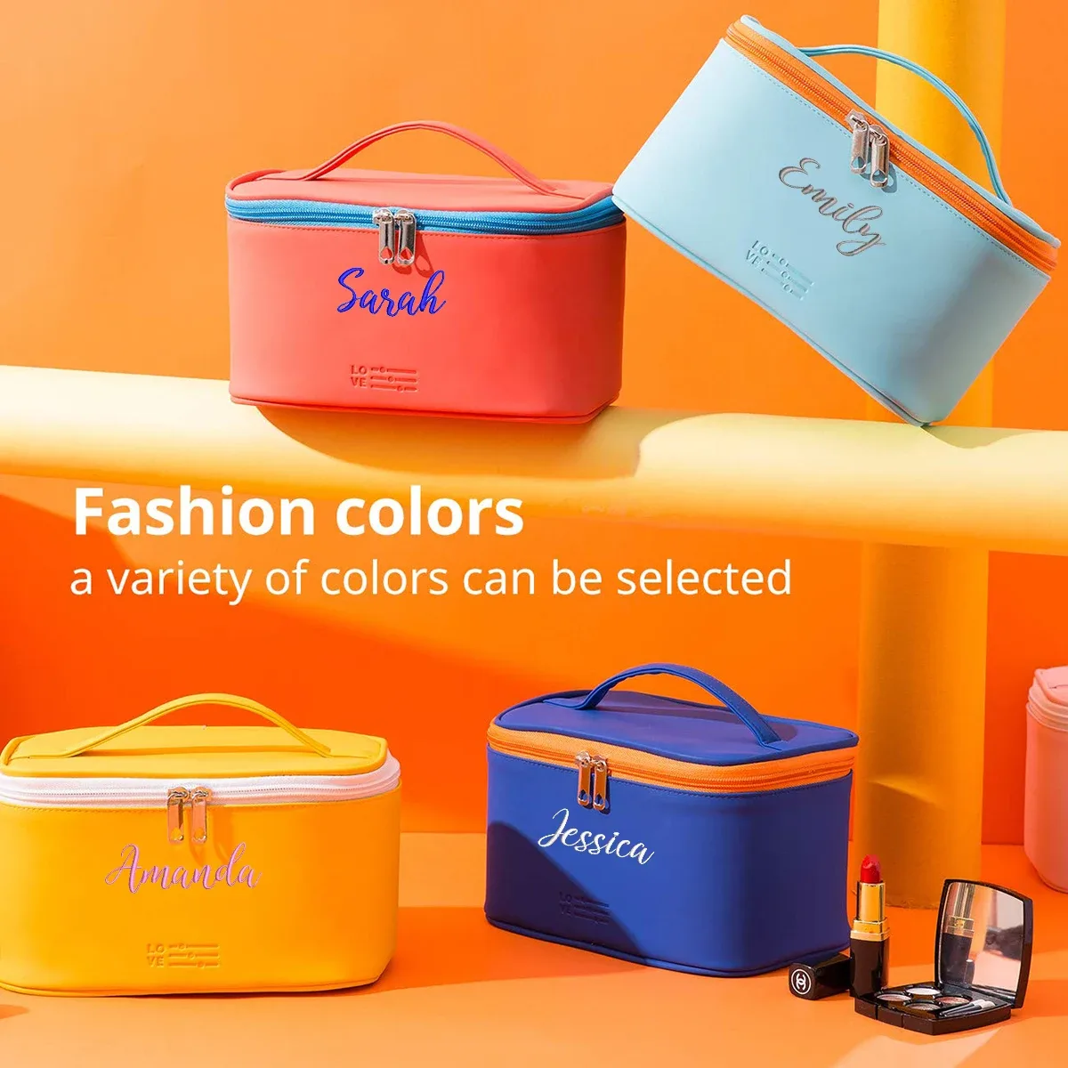 trousse de maquillage personnalisée avec nom brodé, sac cosmétique de voyage portable pour femme, en poudre, cuir pu imperméable, cadeau pour demoiselles d'honneur