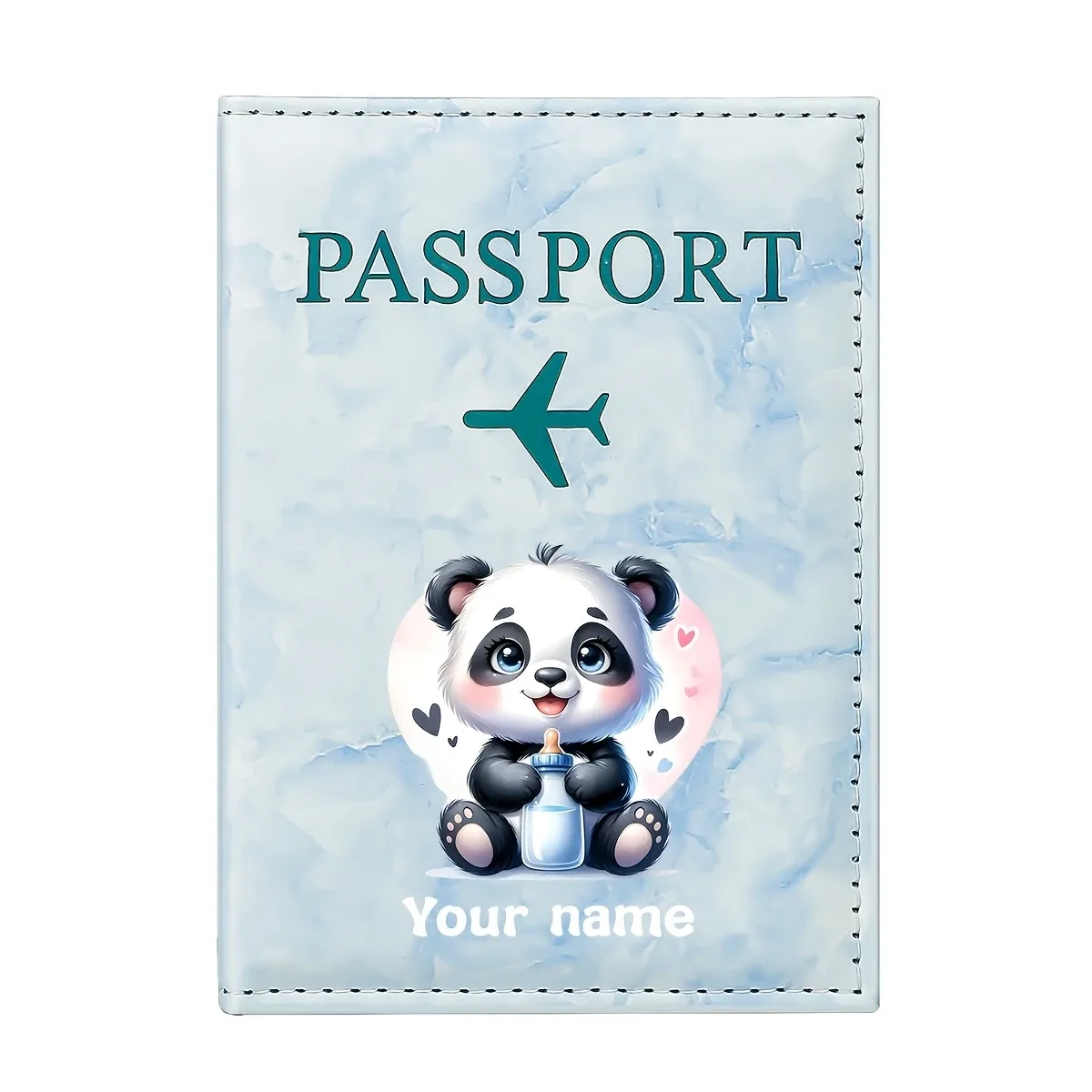 porte-passeport personnalisé avec nom, design d'illustration de panda mignon, motif de panda adorables tenant un cœur
