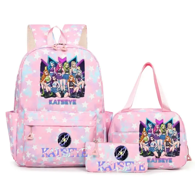 sac à dos scolaire pour étudiants avec imprimé amusant hot katseye, ensemble de sacs à dos, sac à déjeuner et trousse à crayons, sac à dos populaire pour enfants et adolescents, couleur bonbon