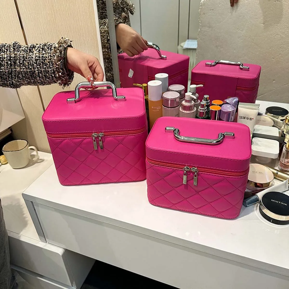 trousse de maquillage portable de luxe, étui à cosmétiques monochromatique, boîte de rangement de maquillage, carreaux de diamant rouge net, fil de littérature, nouveau