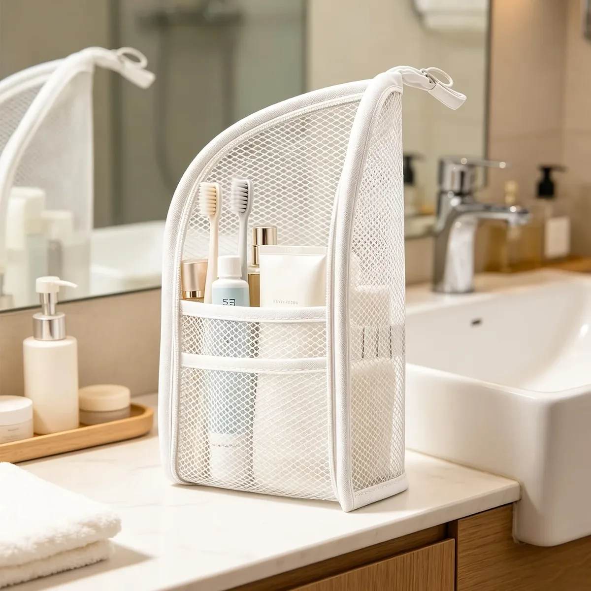 organisateur voyage maille eva gris clair multi compartiments suspension pochette rangement cosmétiques utilisation quotidien voyage