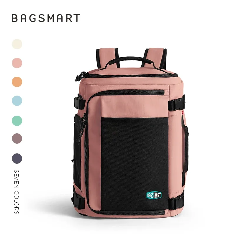 sac dos nylon rose compartiment chaussures poche ordinateur portable poches avant antivol capacité extensible usage voyage