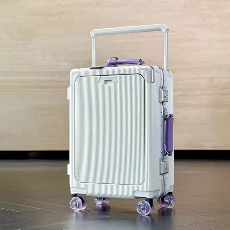 valise à roulettes de poche à ouverture avant, cadre en aluminium, valise à roulettes à poignée large avec roues silencieuses colorées et prise de chargement usb
