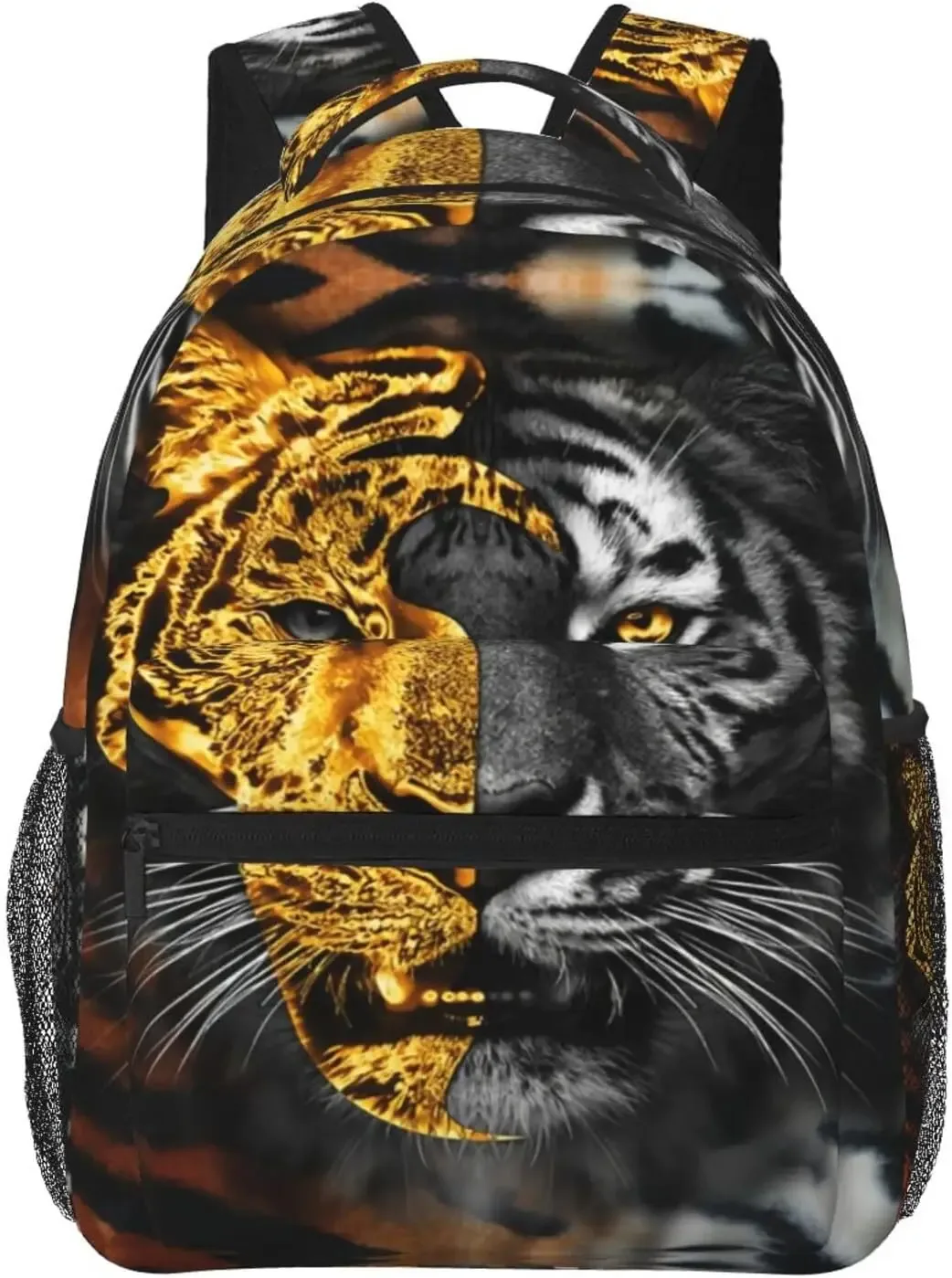 sac dos polyester imprimé tigre rayures noires orange fond beige poches latérales zip grande ouverture bandouliere chaîne usage voyage école randonnée camping
