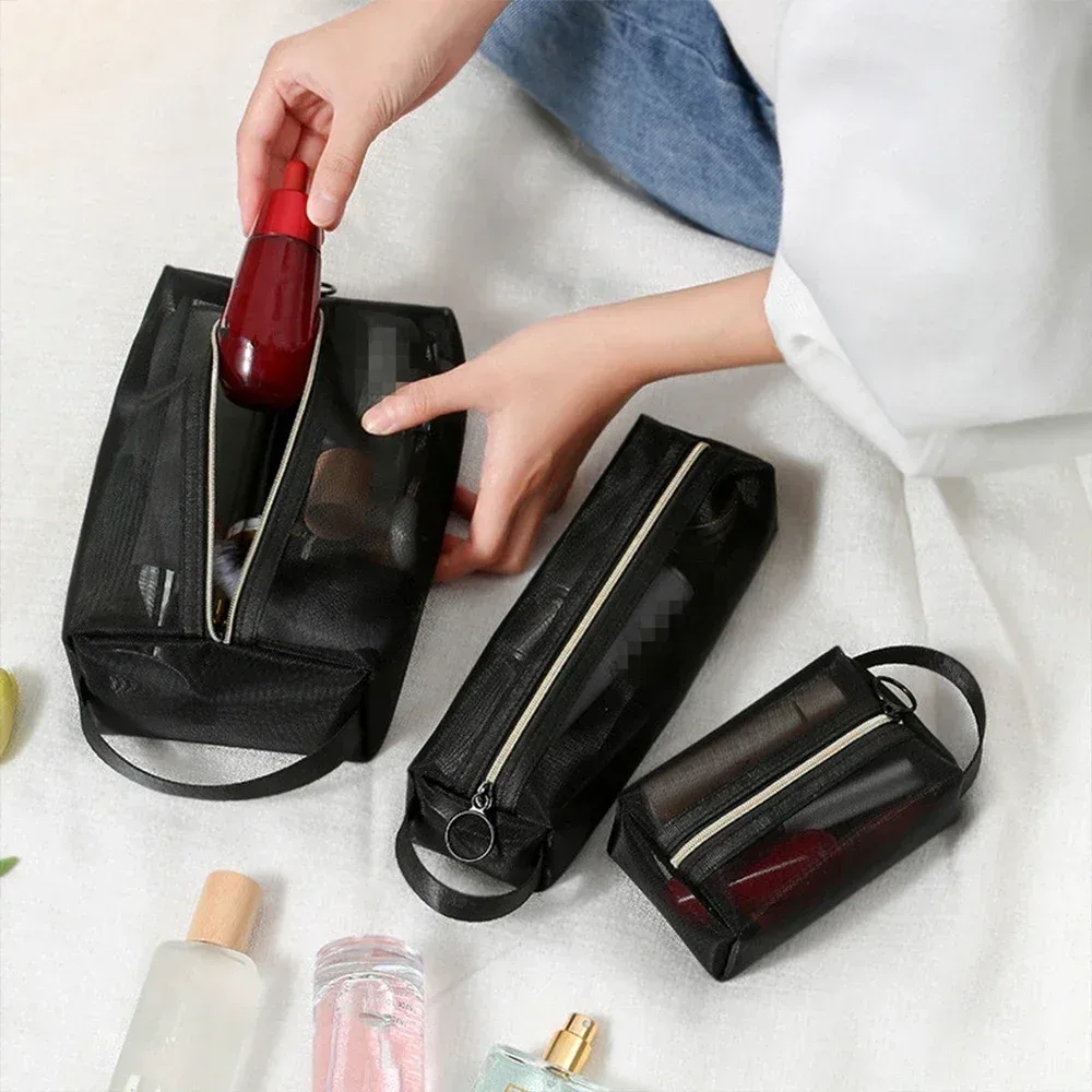 sac à cosmétiques en maille pour femmes, sac de rangement de voyage, organisateur de maquillage, pochette de maquillage portable, petite et grande trousse de toilette, étui de beauté