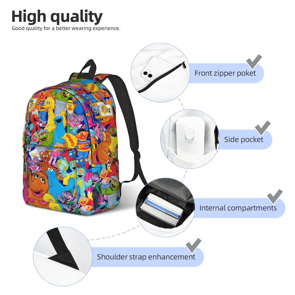sesames streets cool backpack sports student hiking travel elmo friends daypack pour hommes et femmes, sac à bandoulière pour ordinateur portable